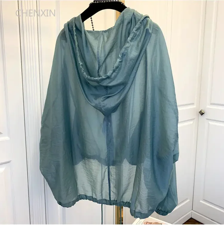 Jackets Women Hooded Summer Sun-proof Zipper Coats Thin Loose See Through Outerwear Breathable Outwear Lightweight Clothes Black - 5