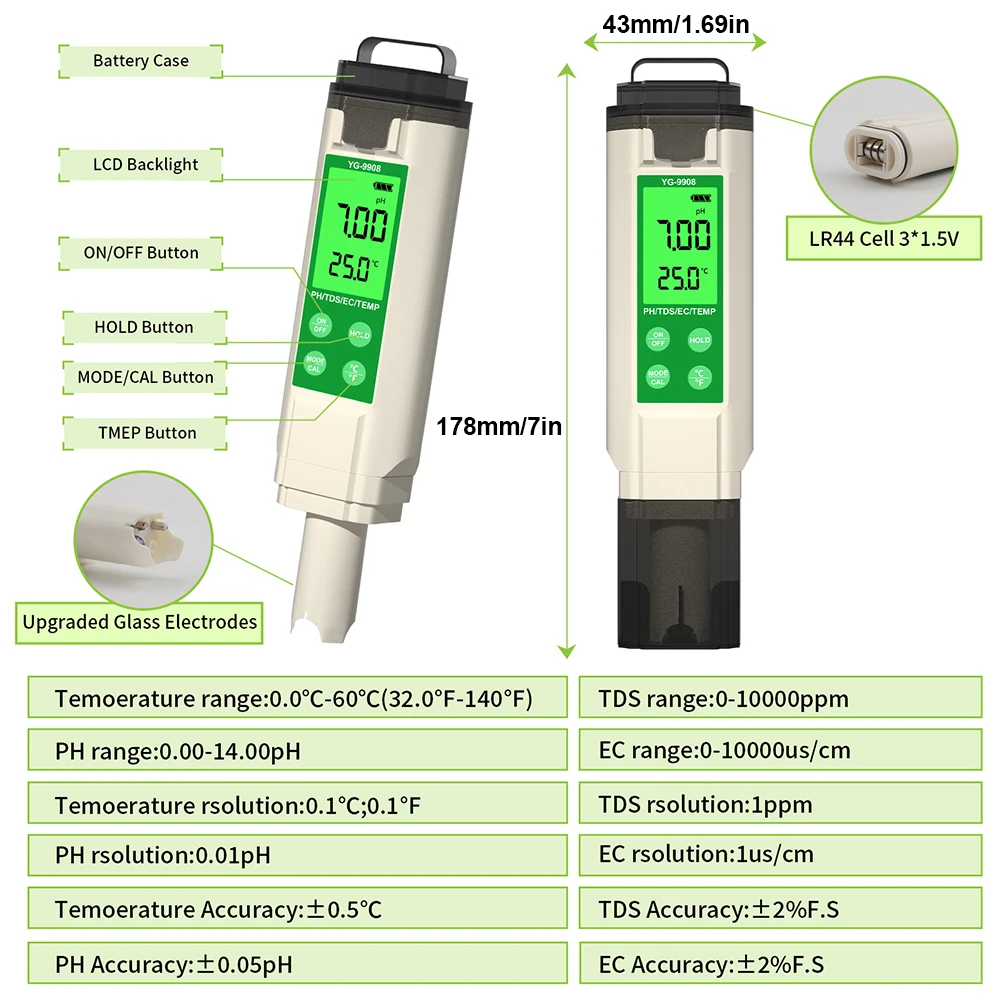 Digital PH Meter Hydroponic Water Quality Tester LCD Backlight Thermometer PH/EC/TDS Meter for Aquariums Drinking Water Spa