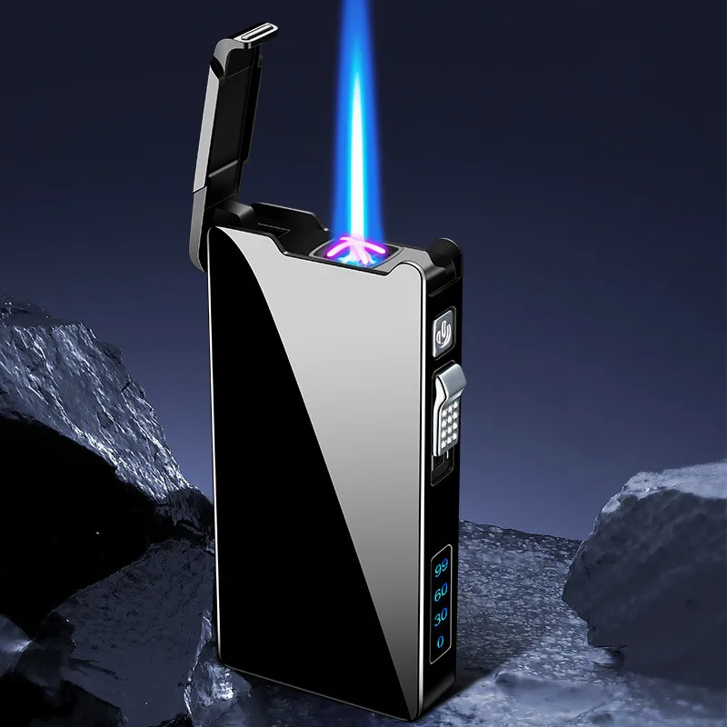 Metal Outdoor Windproof Dual Arc Plasma USB Lighter Blue Flame Turbo Torch  Butane Gas Cigar Lighter Battery Display Men's Gadget - AliExpress