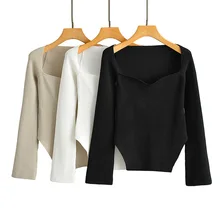 

Knitted Sexy Blouse Women Slim Retro Long-sleeved One-shoulder Bottoming Shirt Square Collar Exposed Clavicle Pullover Sweater