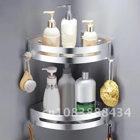 

Shower Caddy Storage Rack Holder 2 Tiers Wall Mounted 6 Hooks Bathroom Shelf No Drilling Adhesive for Kitchen Hanging Corners