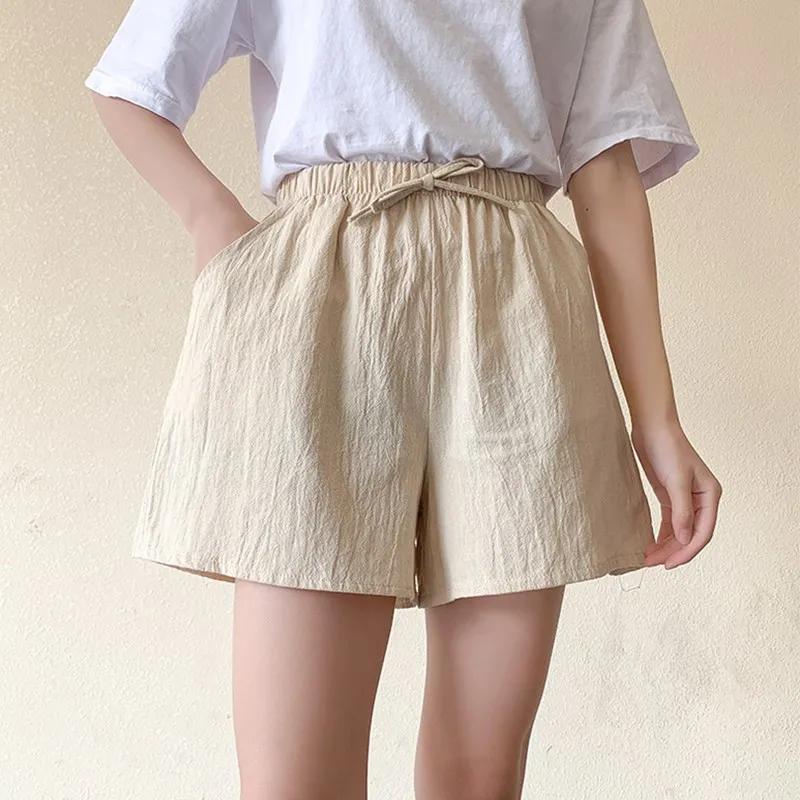 Fashion Summer Women Breathable Cotton And Linen Shorts Sexy Girl Casual Sports Clothing Elastic Waist Lacing Wide-Leg Pants