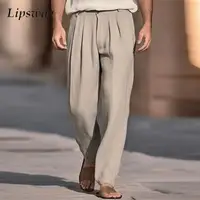 Casual Breathable Solid Color Linen Trousers Men Spring Summer Daily Leisure Loose Straight Pants For Mens Fashion Pleated Pants