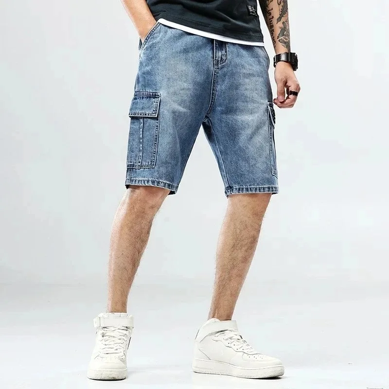 Plus Size 40 Men's Loose Blue Denim Shorts Summer New Big Pocket Straight Jeans Cargo Shorts Male Plus Size Five Point Pants