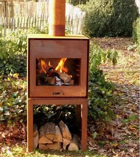 

Corten Steel Standing Outdoor Fireplace With Wood Store