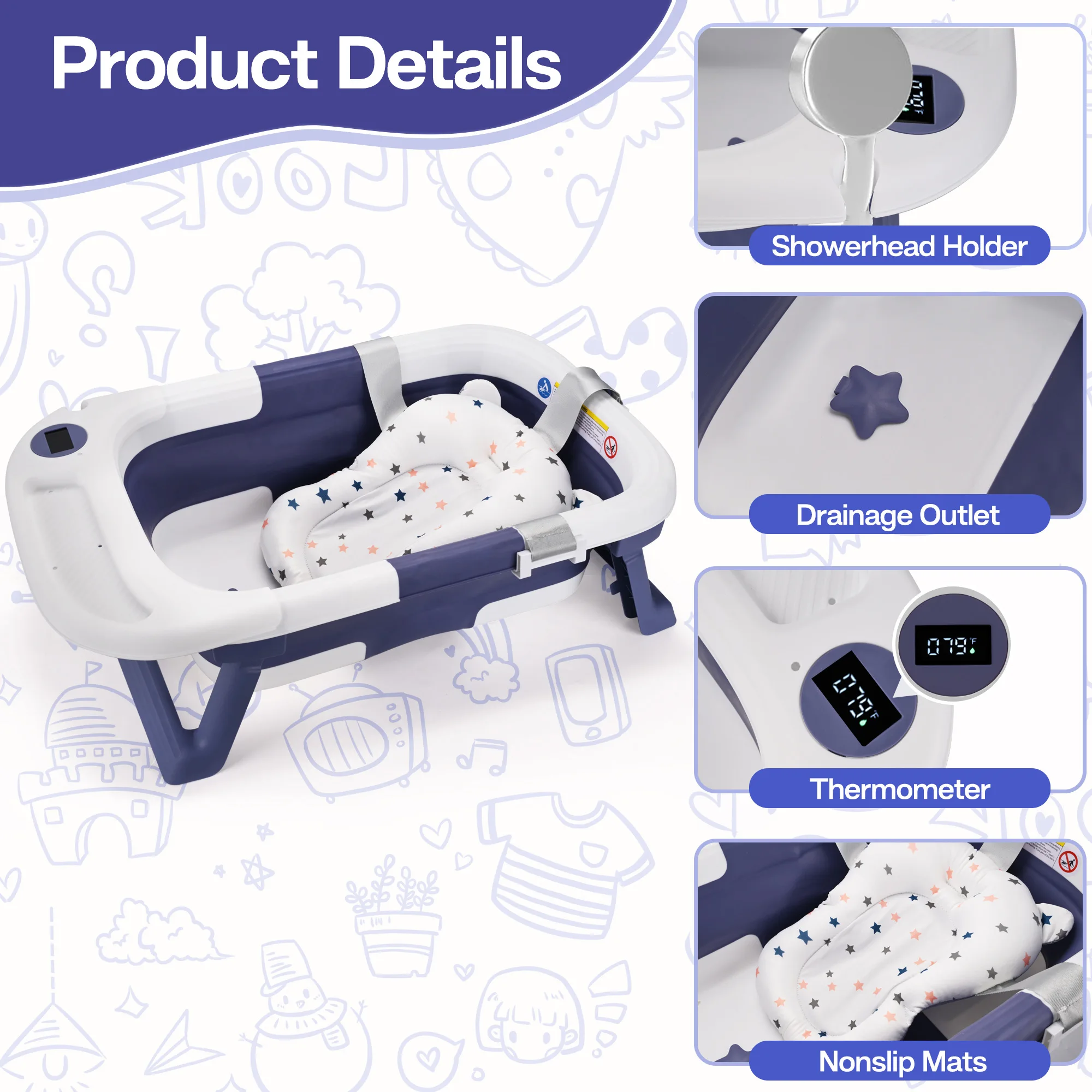 Baby Bathtub,Baby Bath Tub with Soft Cushion &amp; Thermometer,Baby Bathtub Newborn to Toddler 0-36 Months,Portable Travel Baby Tub