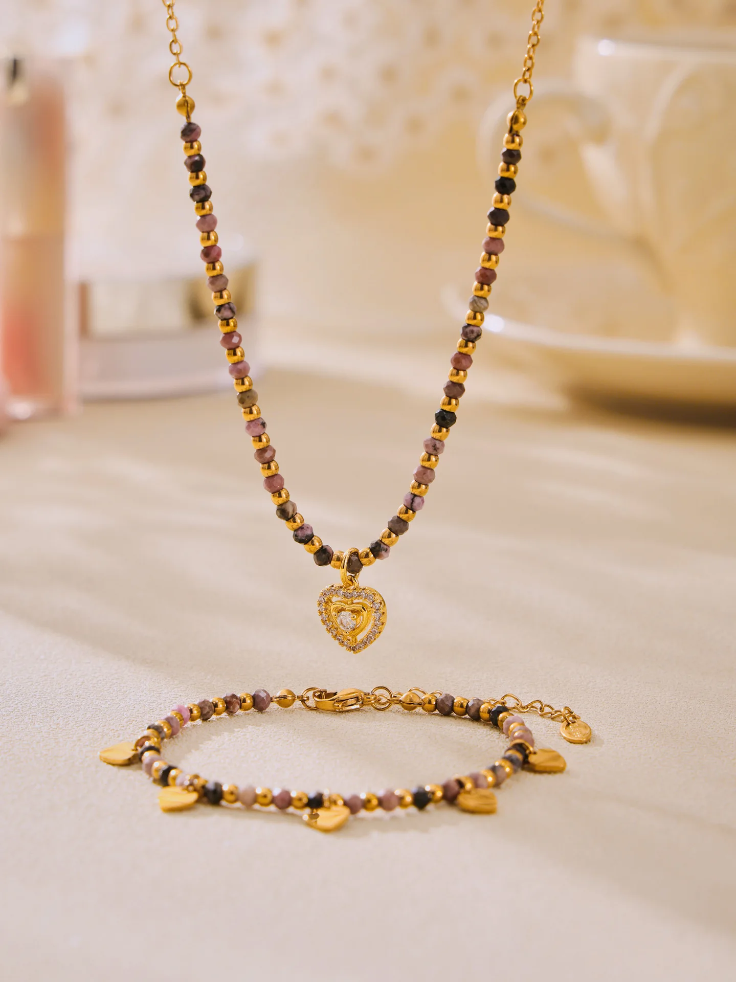 Riesenrad Herz Anhänger Kette Halskette Armband für Frauen 18 Karat vergoldet Runde Perlen Edelstahl Charm Schmuck – Detail 10