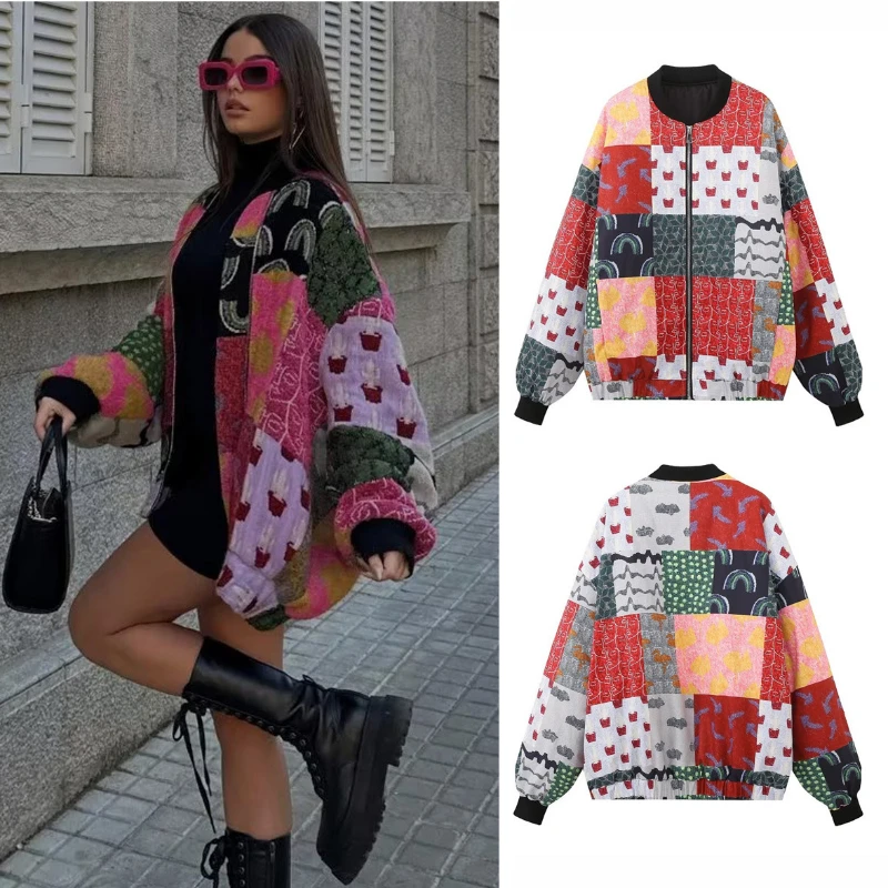 2023 New Autumn/Winter Lie Fallow Outwear Flower Print Parkas Loose Pocket Jacket Quilted Cotton Coat Women's Top Overcoat