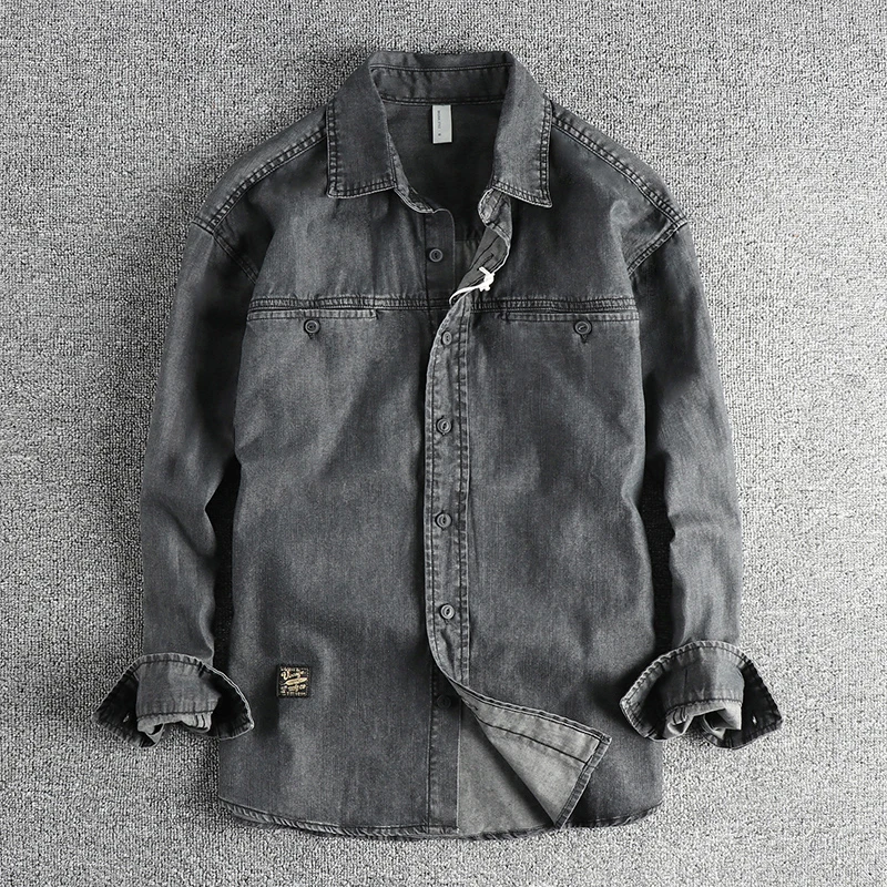 Heavy washing to do old vintage denim shirt men's double pocket design trend Europe and the United States casual shirt coat denim shirt long sleeved shirt