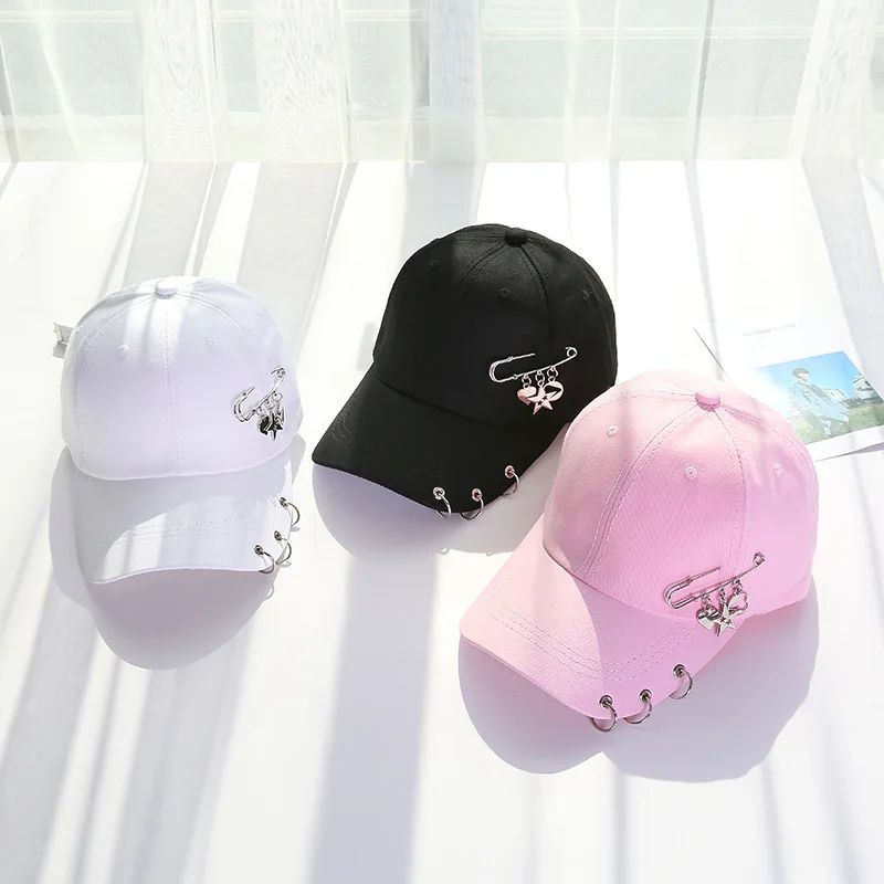 

Adult women's hip hop snapback hats Metal rings Chain Baseball cap Casual cotton Travel Trucker hats for men Dad hats