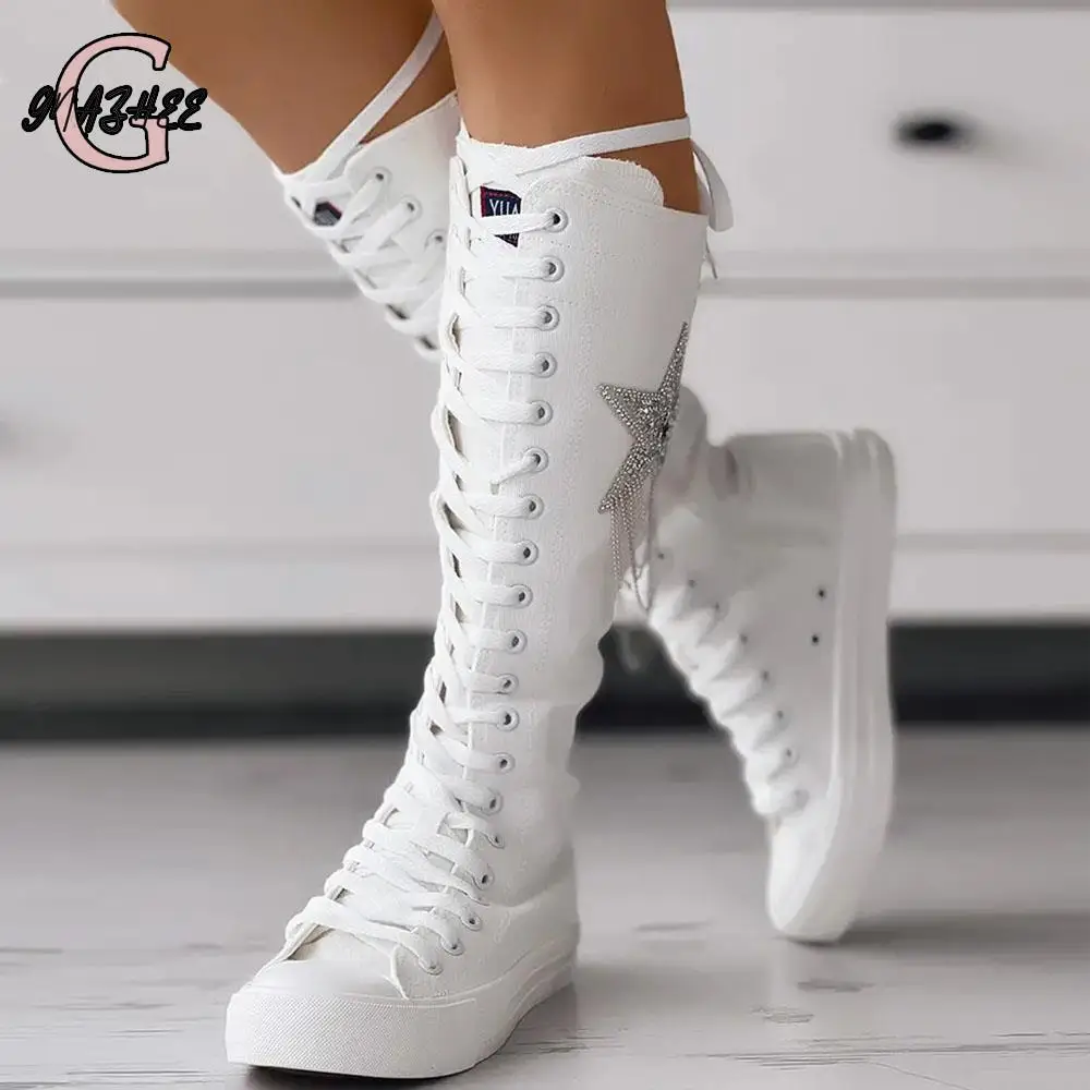 

2023 Winter Spring Summer Fall K-POP Dance Shoes Front Lace Up Side Zipper Canvas Mid-calf Boots For Women Big Size 43