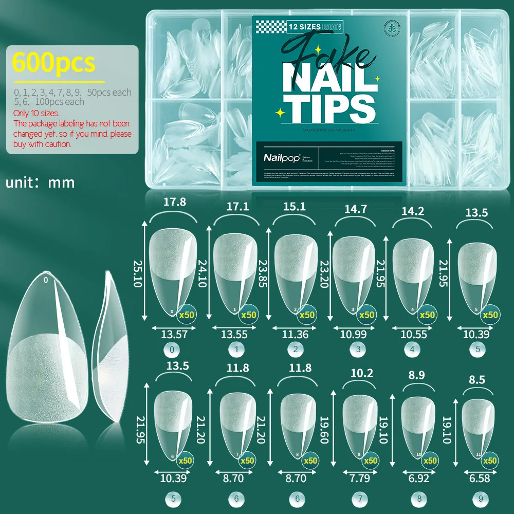 Soft Gel Nail Tips - Pre-Buff Full Cover Coffin, Almond, and Oval Shapes (600 Pieces)