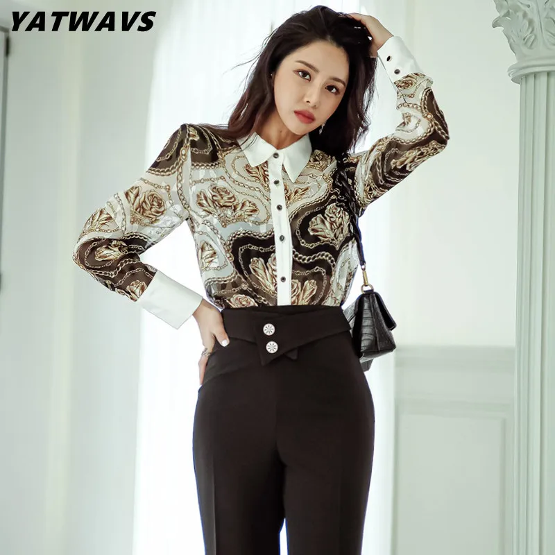 

Fashion Women Office Pants Two Piece Suit Autumn Korea Patchwork Print Lapel Shirt+High Waist Black Long Pants Female Chic Set