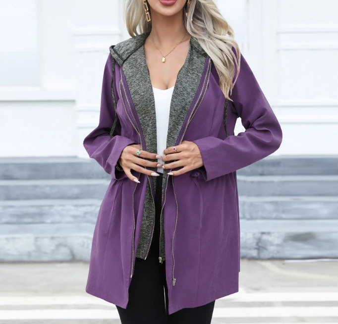 2023 New Hot Selling Fashion and Casual Waist Wrapping Double Zipper Contrast Coat Long Sleeved Hooded Windbreaker