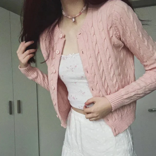 Sueter Corto Sueter Rosa Mujer Cárdigan Ajustado Rosa Con Flores