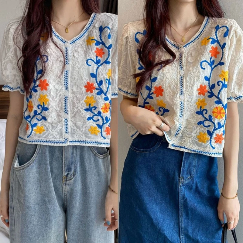 

Women's Puff Sleeves Shirt Round Neck Tops Button Down Floral Embroidery Blouse