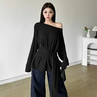 American Style Minimalist Solid Color Lazy Crossbody Long Sleeve T-Shirt Sexy Tied Waist Ruffled Micro-Transparent Sun Protectio