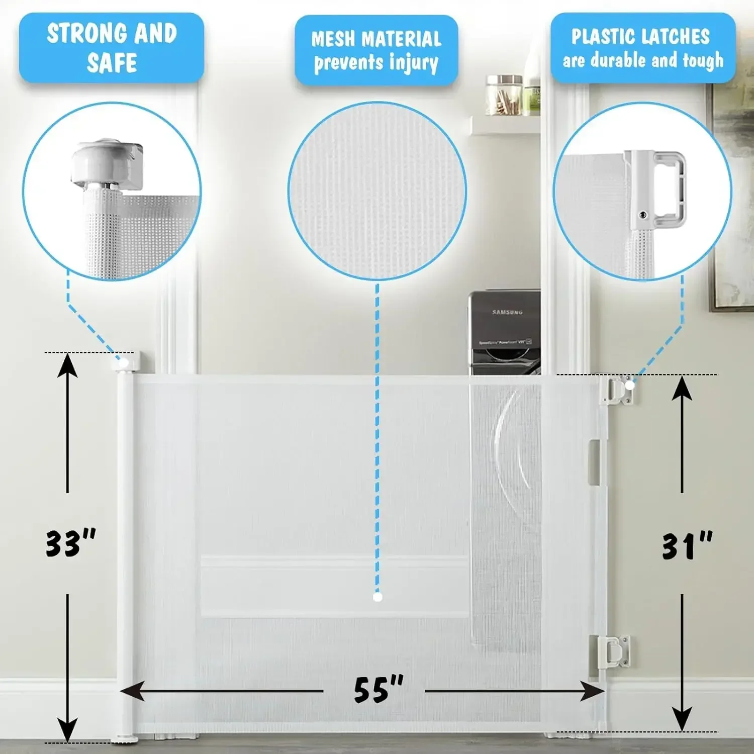 Upgraded Retractable Baby Gate with One-way Lock Mesh Tall 34 Extra-wide for Stairs and Doorways