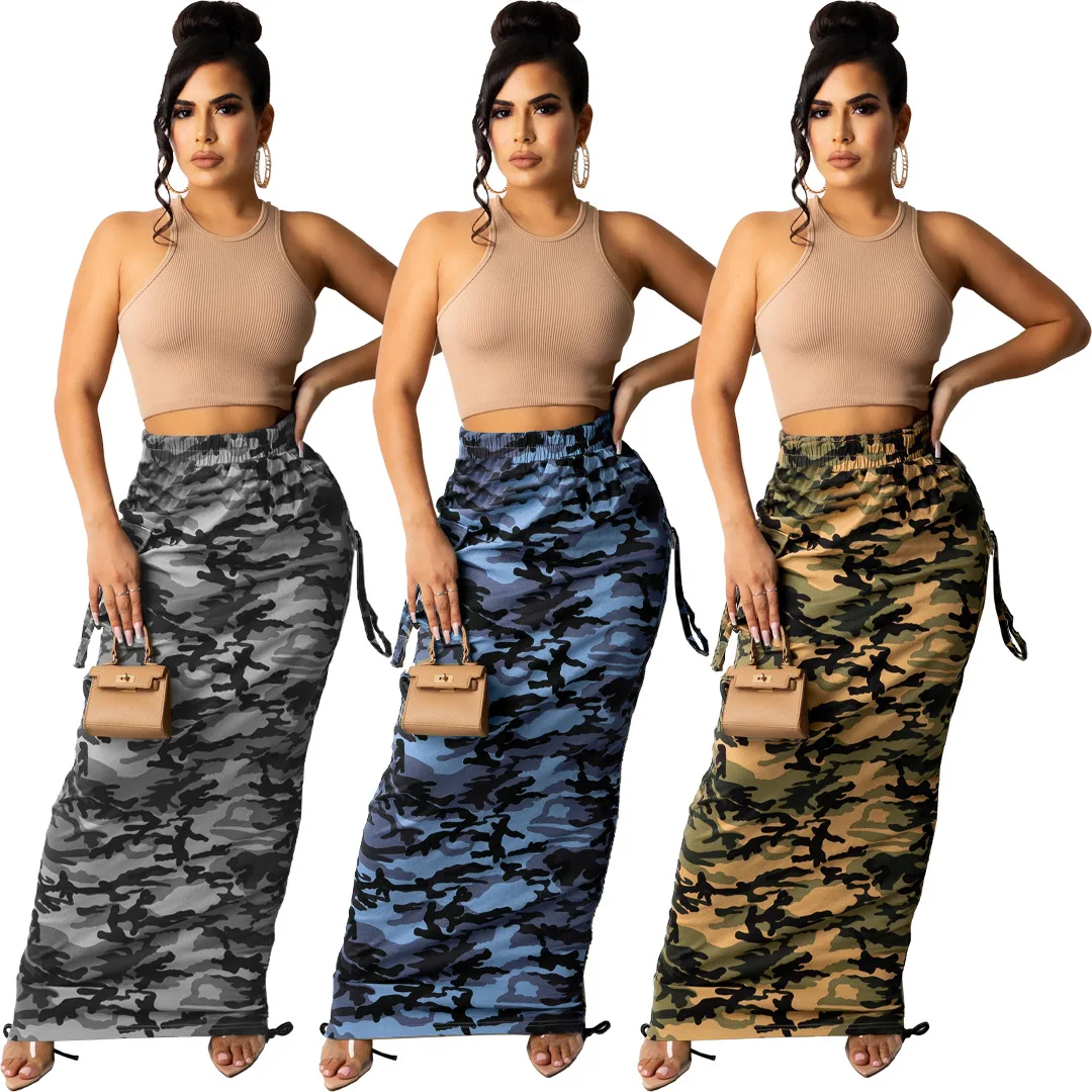 

Woman Sexy Camouflage Print Bodycon Maxi Skirts Autumn New Club Party Vintage Streetwear High Waist Long Skirt Vestidos