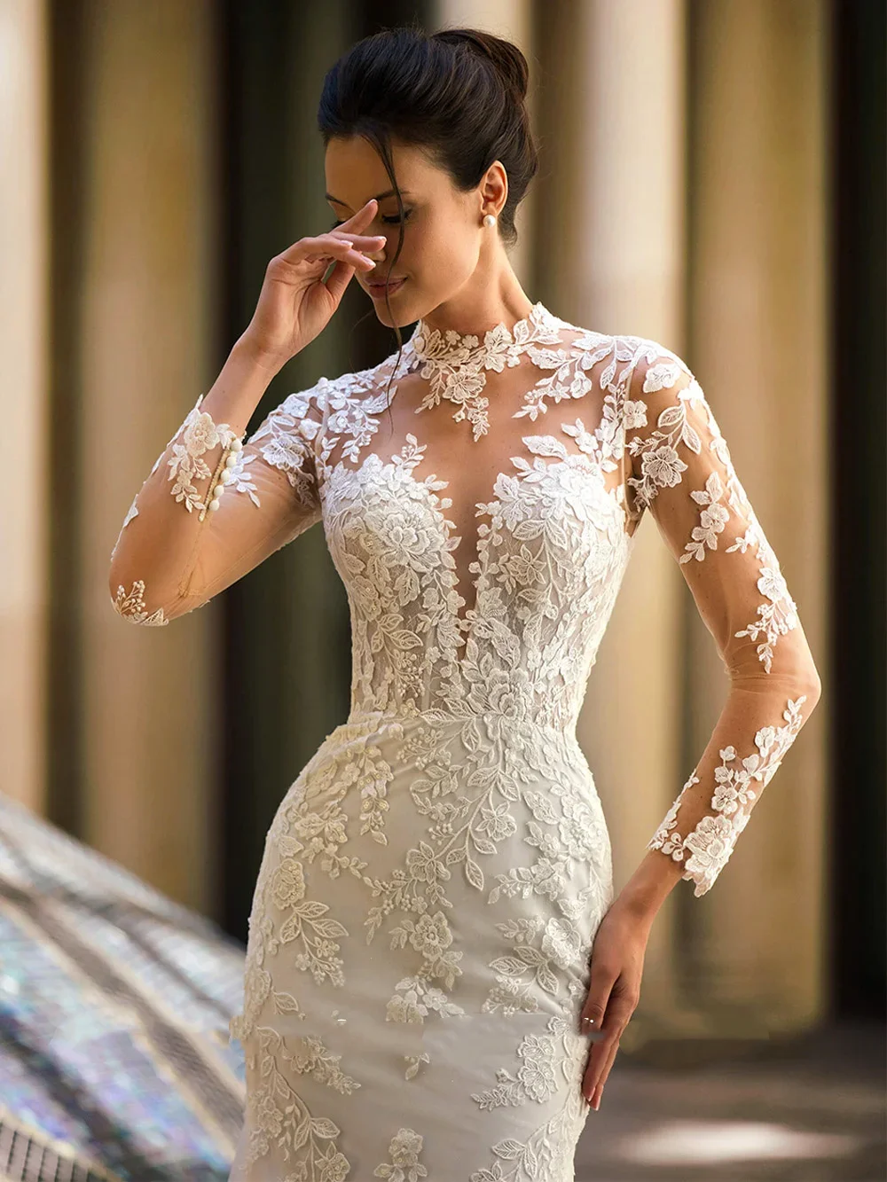 Luxury Mermaid Wedding Dresses High Neck Long Sleeves Lace Appliques Court  Train | eBay