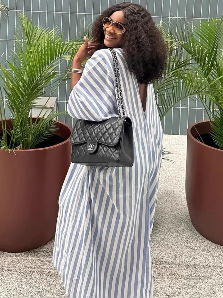 Wmstar Dresses for Women Wholesale V Neck Loose and Lady Back Style Deep Long Striped Dress Long Dress for Women New Style 2025