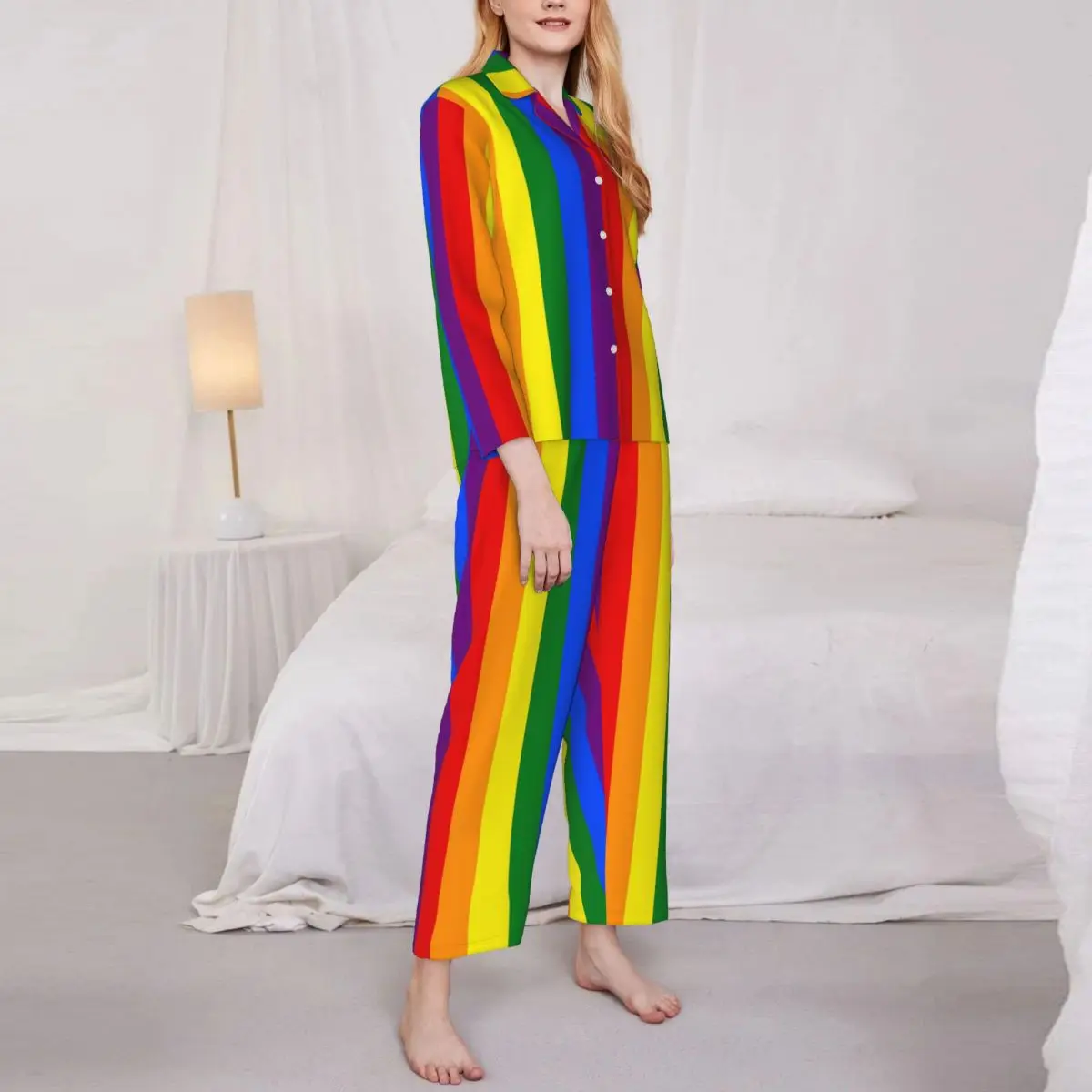 

Пижамный комплект женский с длинным рукавом и Разноцветными полосками, большие размеры