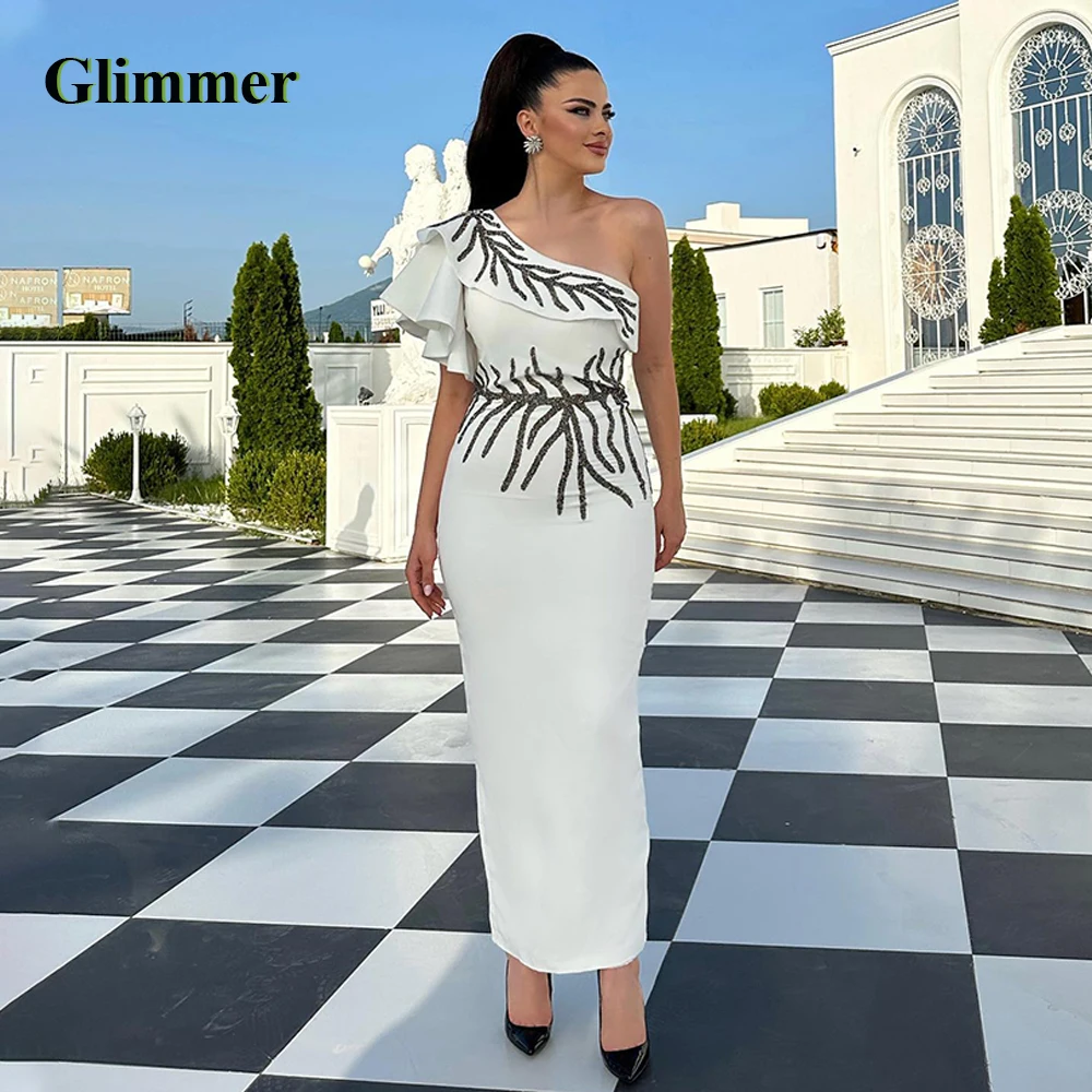 

Glimmer Modern One-Shoulder Evening Dresses Appliques Ruffles Satin Slit Pleat Drop Shipping Robes De Soiree Custom Made