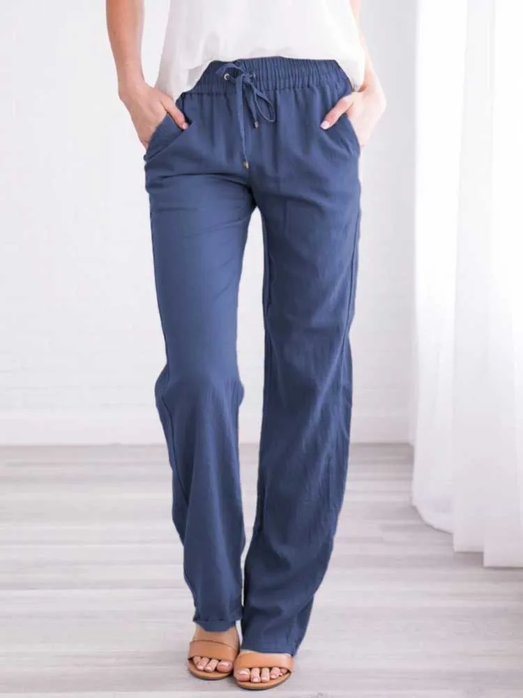 Women Cotton Linen Wide Leg Pants with Pocket for Summer