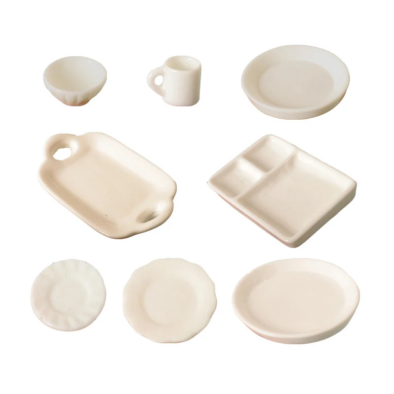 

10pcs/set Dollhouse Miniature Pure White Tableware Mini Plate Dishes Cups Food Toys Model Shooting Props For Kids Pretend Play