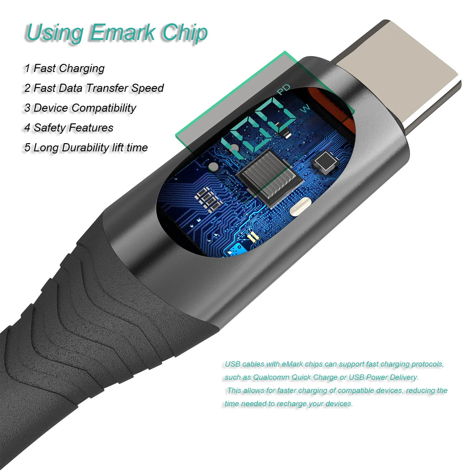 디지털 디스플레이 USB-C to USB-C 100W 고속 충전 케이블 6A 풀 프로토콜 PD 충전기 코드 1.2M 2M 블랙 (타입C 휴대폰용)