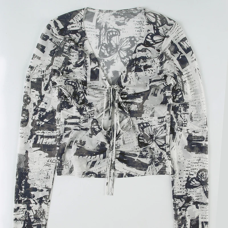 Grunge Mesh Butterfly Print Crop Top Fashion See Through Long Sleeve Hollow Out T-shirt Stylish Y2K Street Outfits