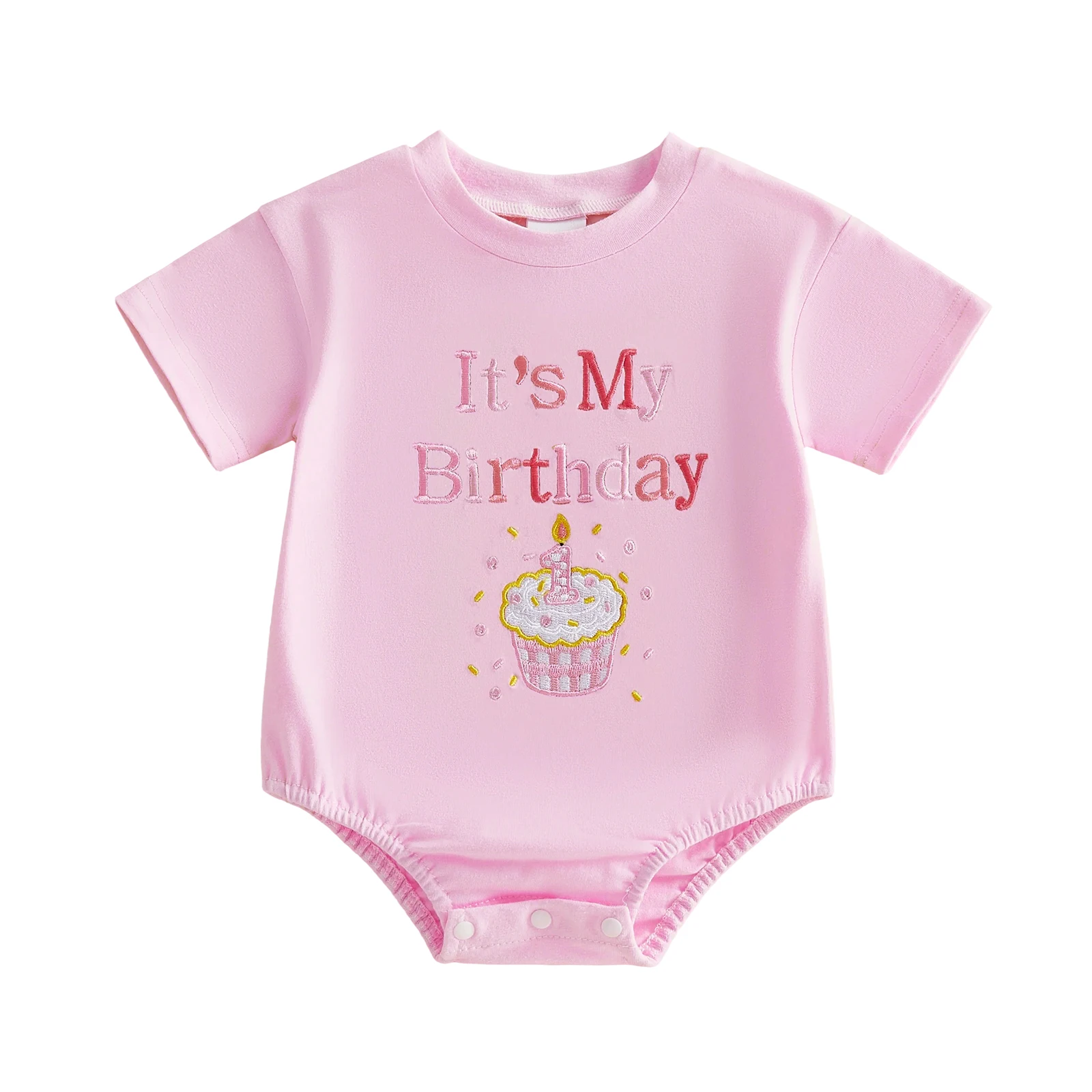 Pudcoco 베이비 보이즈 소녀 생일 롬퍼 반팔 크루넥 케이크 자수 바디 슈트  플레이 슈트 6M-18M