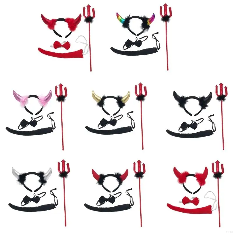 Y5JD Halloween Devil Costumes Set Tail Bowtie Devil Horn Headband Red Pitchforks Tail