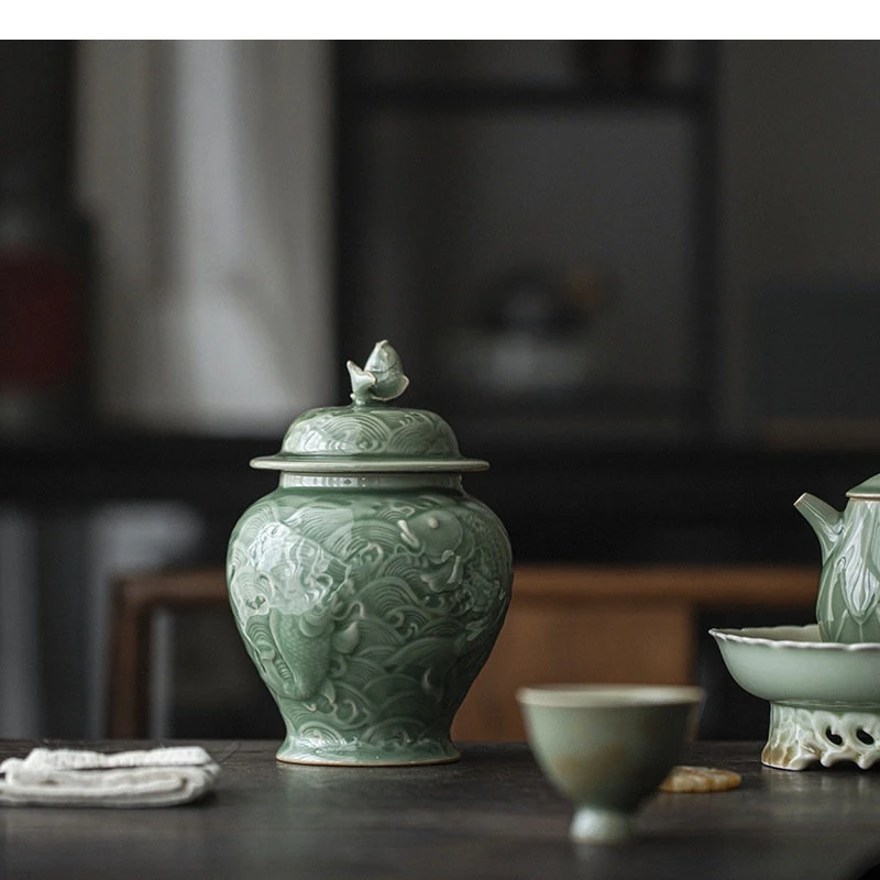 Celadon Relief Ceramic Storage Sealed Pot Kungfu Tea Set Box Chinese Ceremony Accessories