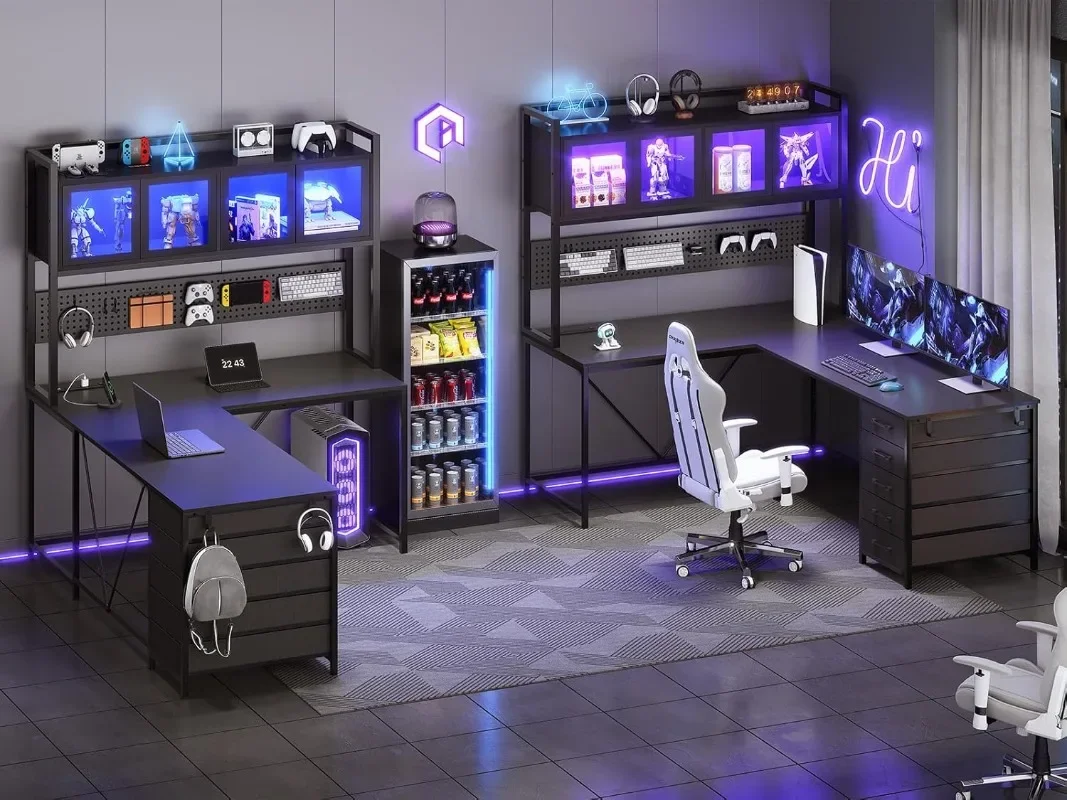 L Shaped Gaming Desk with Drawers, L Shaped Computer Hutch and Storage Shelves, Gaming Desk with Pegboard, Led Lights 4