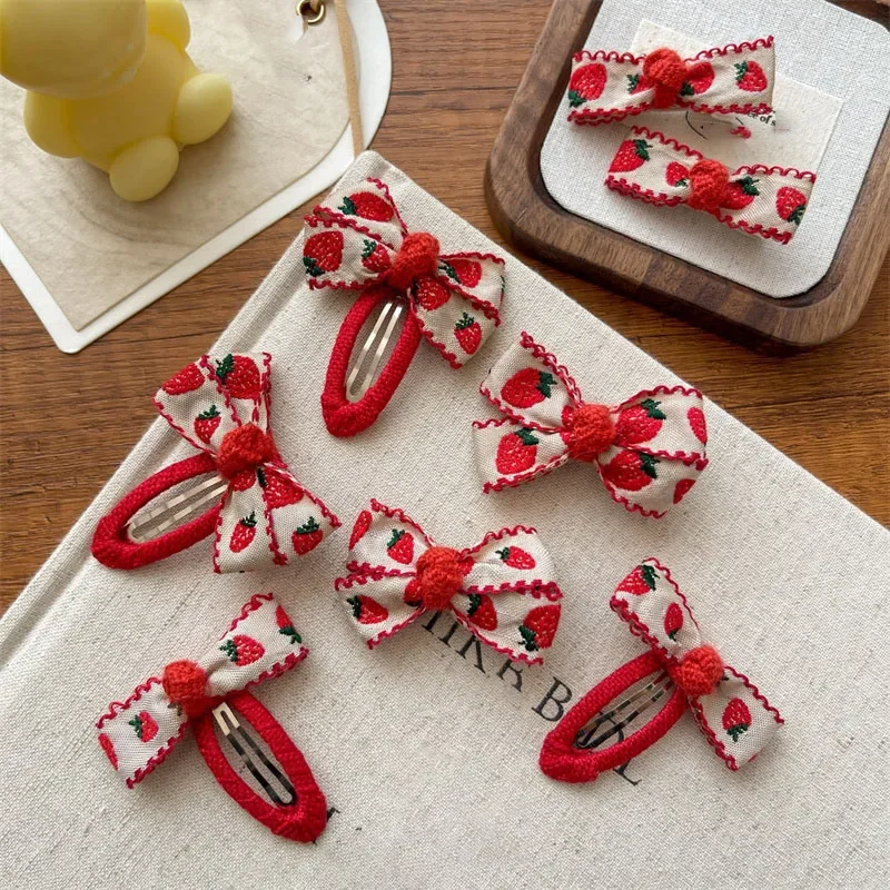 New Red Sweet Cloth Embroidered Strawberry Bow Kids Hairpins Korean Versatile Girl Headwear Hair Rope Kids Headwear Accessories 3