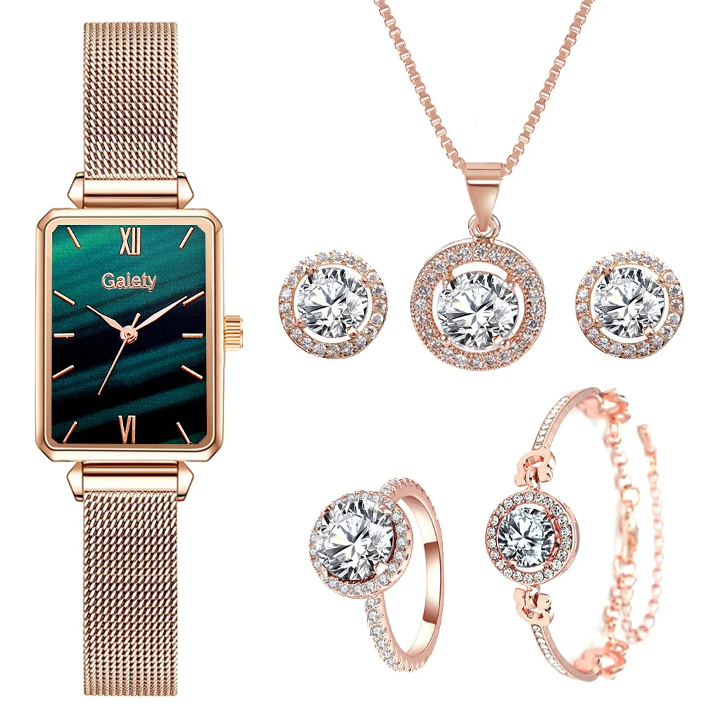 

New Women Watches Fashion Square Ladies Quartz Watch Bracelet Set Green Dial Simple Rose Gold Mesh Luxury Women Watches
