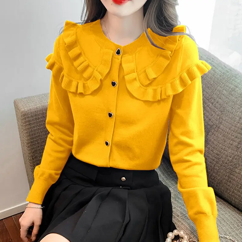 Women's Autumn Winter Fashion Elegant Round Neck Long Sleeved Solid Color Cardigan Casual Versatile Foreign Style Commuting Tops