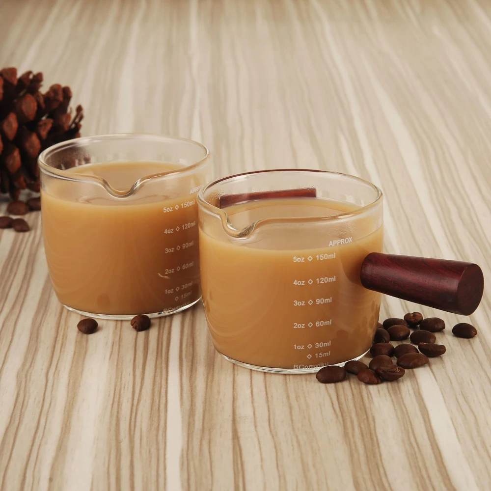 Measuring Cup 40/75/150ml Wood Handle Glass Espresso Measuring Cup Double/Single Mouth Milk Jug Coffee Supplies Clear Kitchen Measure Mug