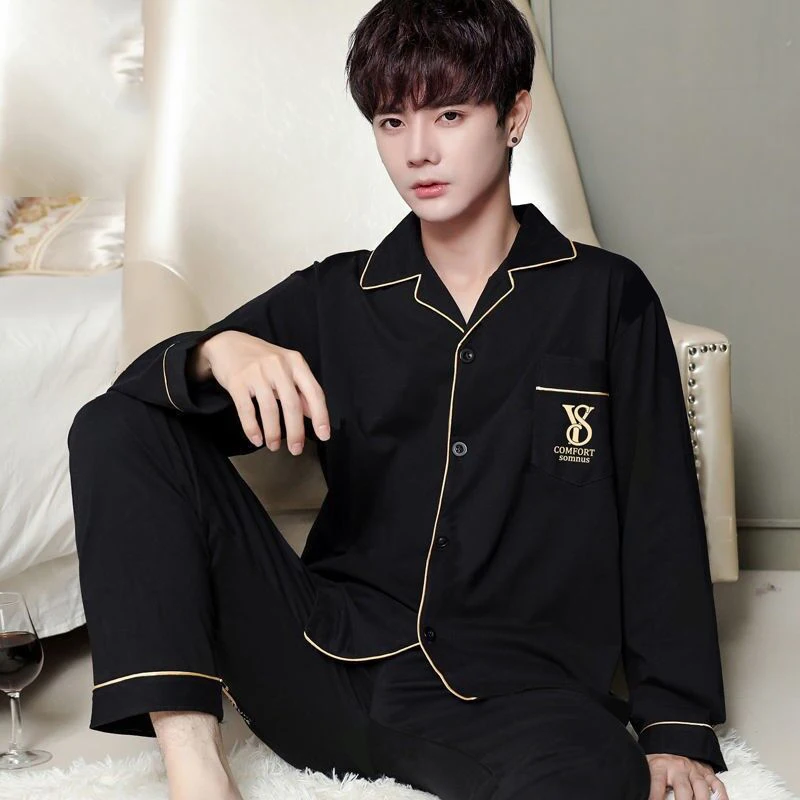 Pajama Sets Cotton Plus Size Men Pyjamas 2PCS/Set Long-Sleeved Cardigan Homewear Black Striped Plaid Sleepwear