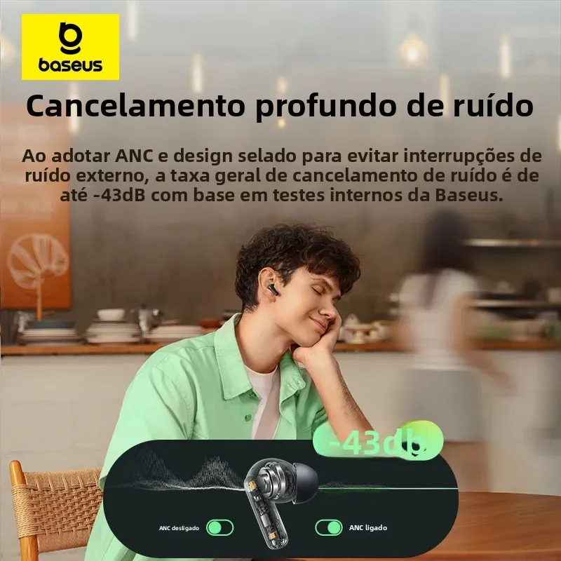 Baseus Bass EP10 NC -43dB com cancelamento de ruído ANC True Wireless Fones de ouvido Bluetooth 6.0 Fones de ouvido intra-auriculares sem fio 4 microfones ENC