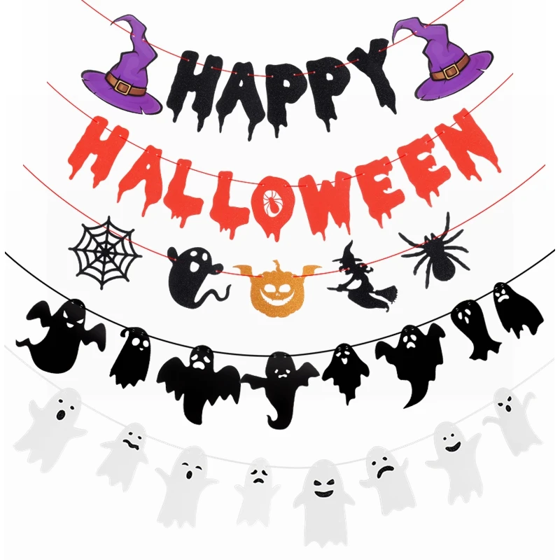 1Set Halloween Paper Banner Ghost Witch Pumpkin Hanging Garland Ornament for Happy Halloween Party Home Haunted House Decoration