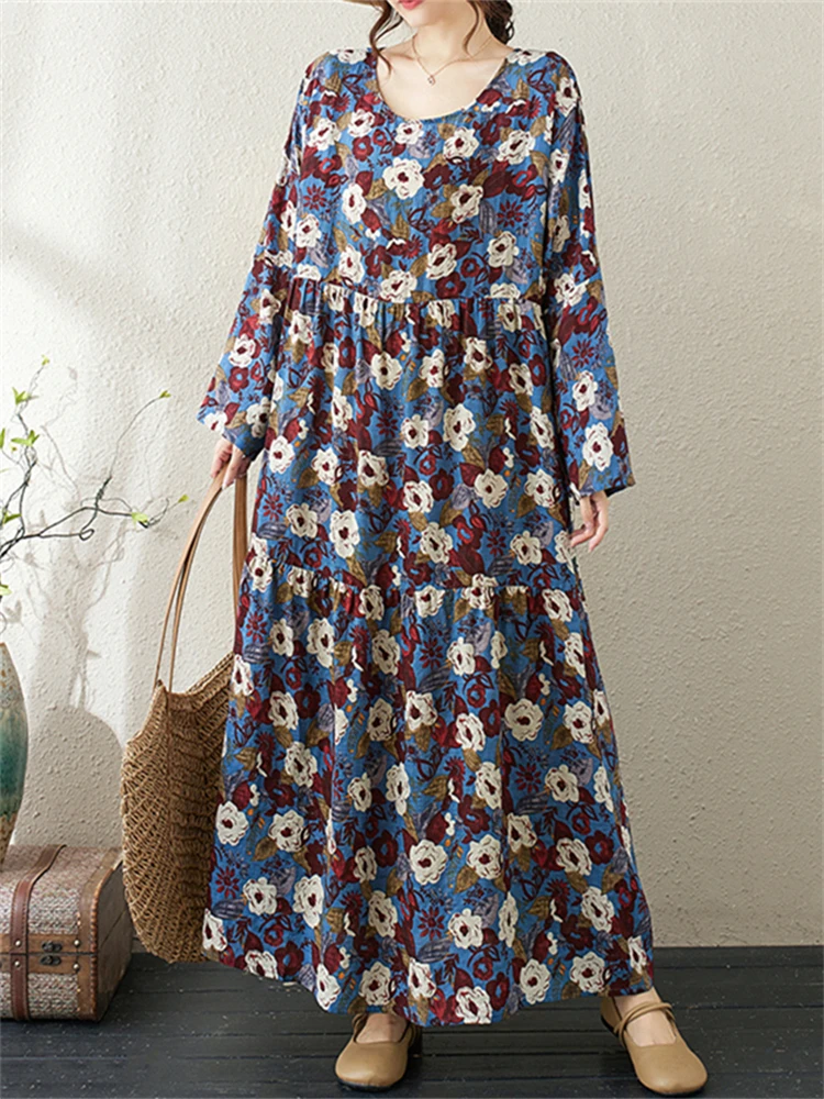 2025 Spring Autumn Cotton Vintage Long Sleeve Print Dresses For Women Casual Loose Dress Office Lady Vestidos Elegant Clothing