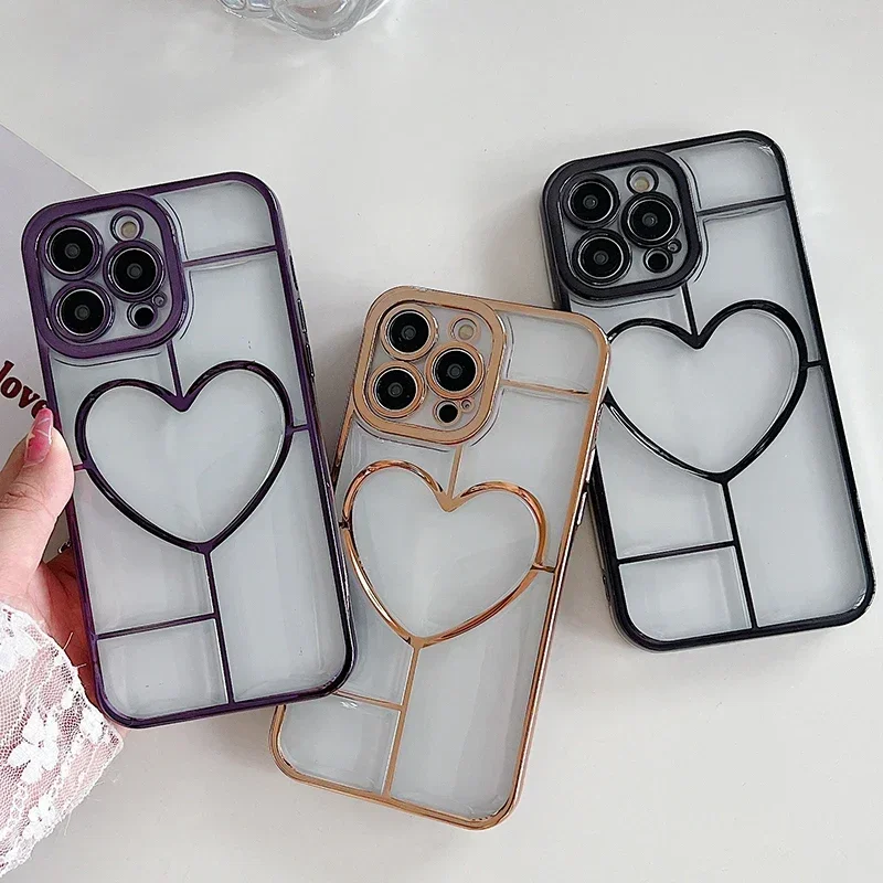 

Luxury Electroplate Love Heart Clear Phone Case For iPhone 14 13 12 11 Pro Max Plus Soft Silicone Bumper Lens Protection Cover