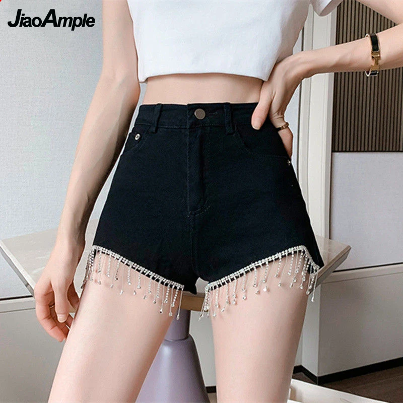 Women's Black Shorts 2022 Summer New Sexy&Club Rhinestone Tassel Short Pants Girls Punk High Waist Slim Pant Nightclub Clothing