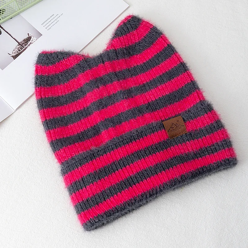 Lovely Hat Cute Cat Ear Beanie Cap Winter Hats For Women Y2K All Stripes Fashion Outdoor Warm Hat Beanie Warm Cap For Girl Gift