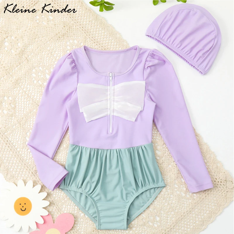 

Swimsuit for Girls Long Sleeves Sweet Bow Tie Bathing Suit Girl Bodysuit Swimwear One-Piece Beach Anti UV Children Swimming Wear