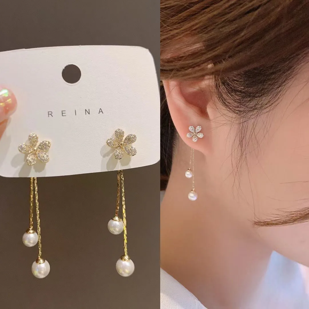 

Korean New Zircon Flower Stud Earrings for Women Fashion Temperament Long Tassel Pearl Drop Earring Wedding Jewelry Gift
