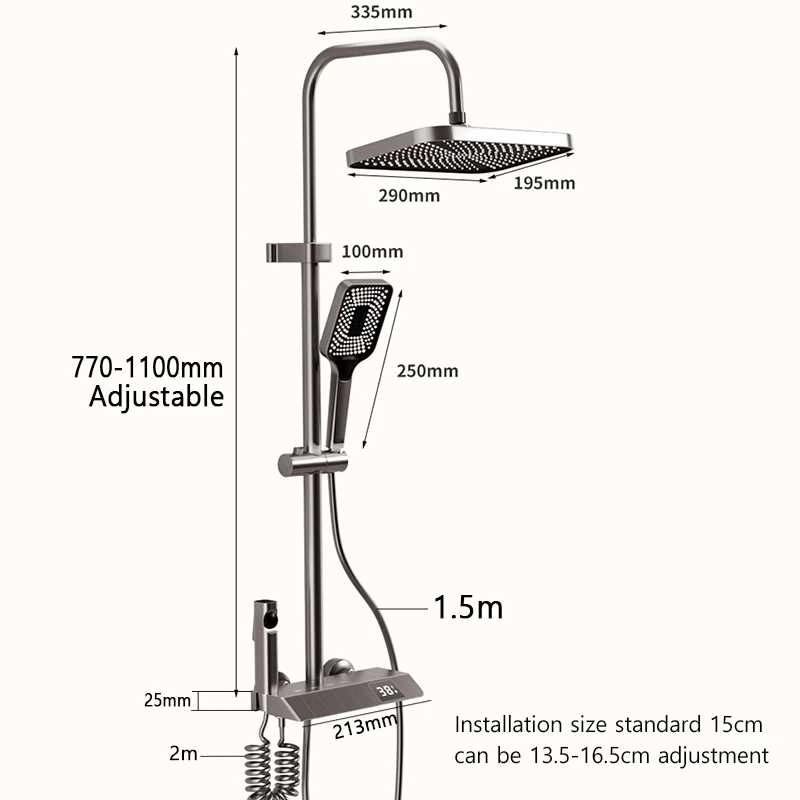 Piano Keys Shower System Set Bathroom Shower Set Gray Black Bathtub Hot and Cold Shower Faucet LED Digital Copper Tap Shower Set 6