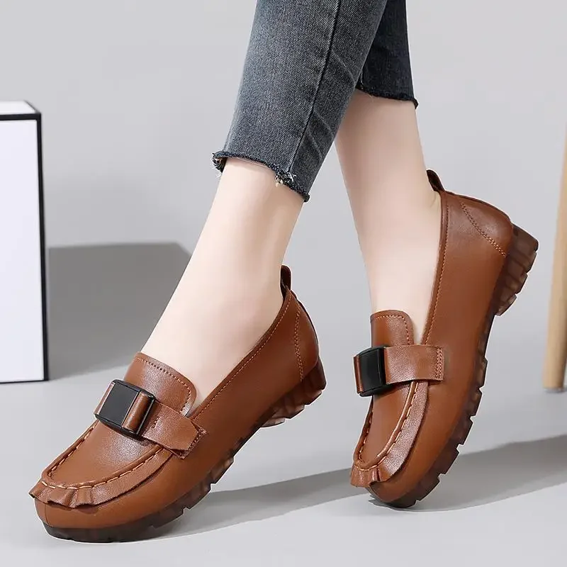 

Leather Tendon Soft Bottom Mom Shoes Casual Flat Shoes Soft Surface Middle-Aged and Elderly Moccasins Loafers